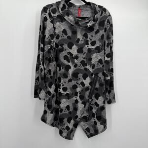 Ic By Connie K Tunic Top Womens Medium Gray Black Cowl Neck Asym Hem Print